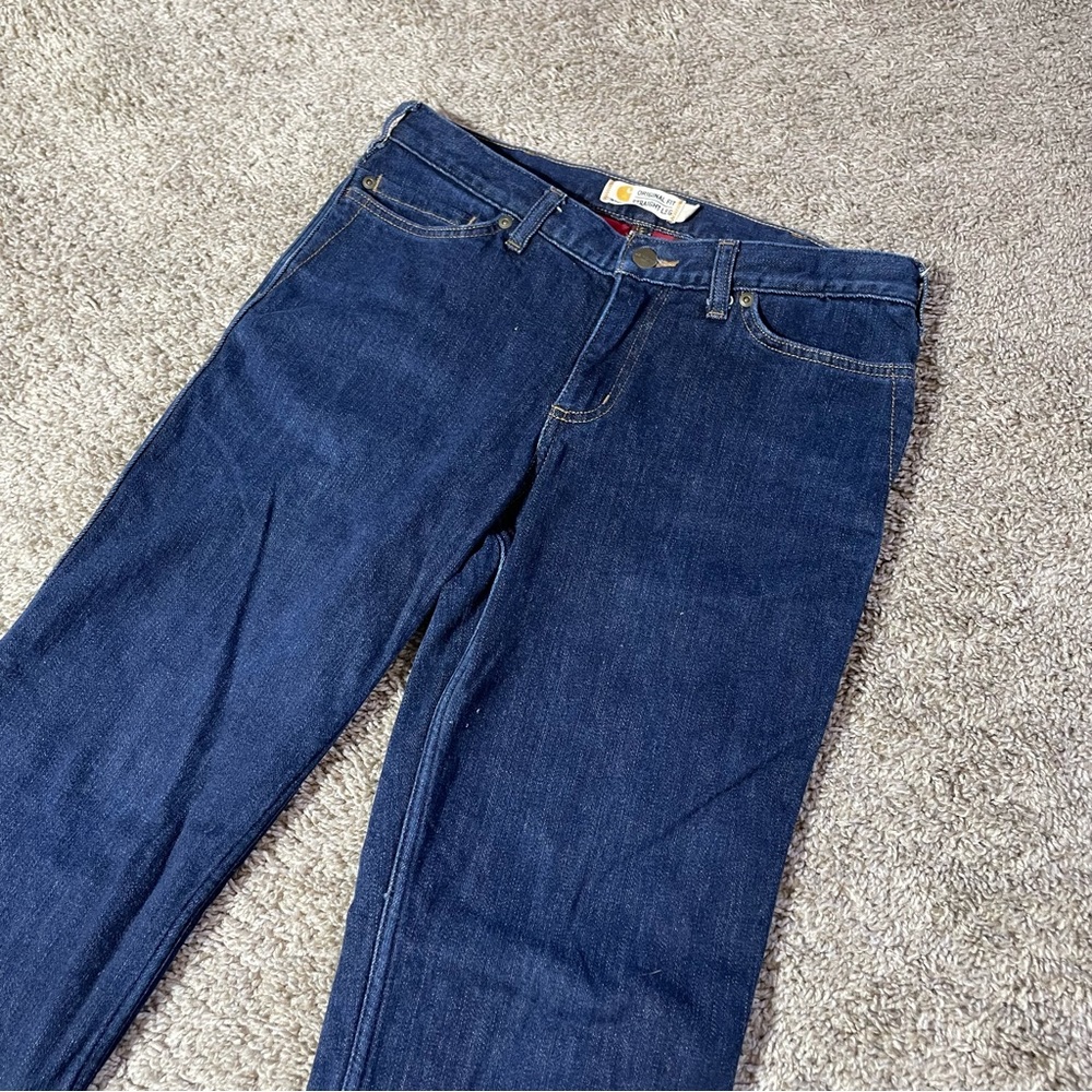 Carhartt Women's Straight Leg Jeans - Dark Blue with Red Plaid Lining - Picture 3 of 8